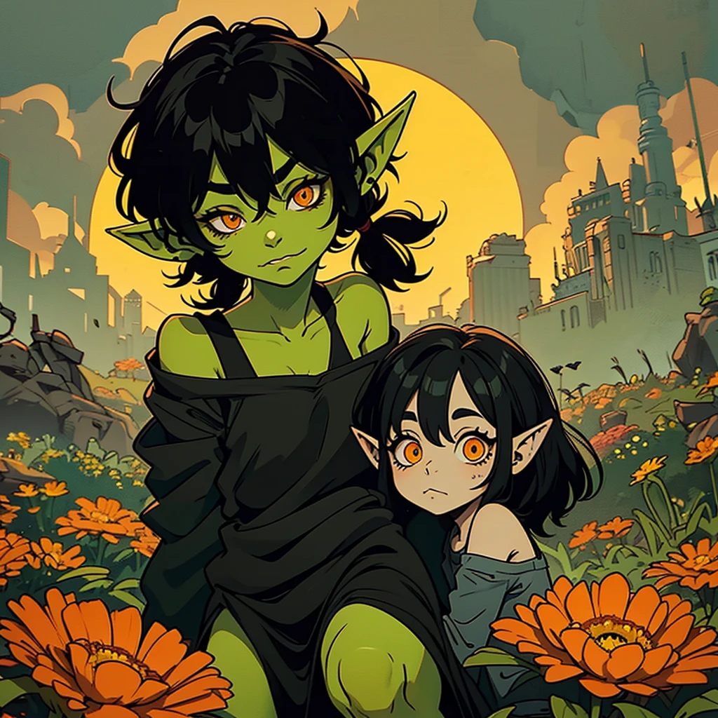 A LITTLE GOBLIN GIRL, green skin, black hair, orange eyes, long ears, , wearing rags. In a field with flowers