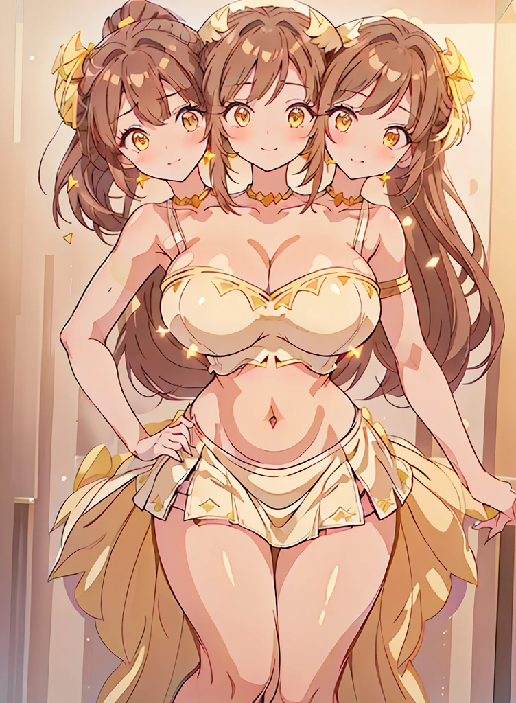 (16K), ((three headed woman)), smiling, highres, masterpiece, ((brown hair)), cleavage, large breasts, ((ivory dress:1.5)), lustrous and smooth skin, (mature woman), seductive silhouette, ((crop top)), sexy proportions, Beautiful girl with accentuated slender abs, seductive woman, ((party background)), necklace, ivory miniskirt, miniskirt, open belly, exposed midriff, strapless, sleeveless, yellow eyes, beautiful eyes, ((long bushy ponytail)), ((gala)), cowboy shots, very big , huge , open belly, exposed midriff
