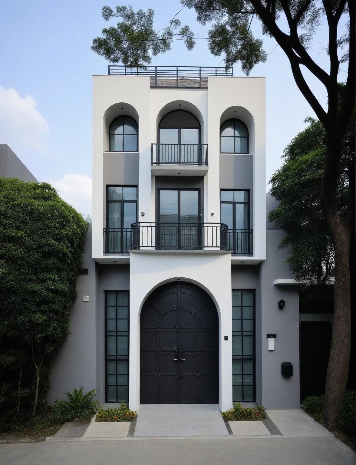 RAW photo, a photo of a modern house, (curvilinear chrchitecture:1.4), Wabisabi style rounded wall, white wall, steel dark gate, sidewalk, sidewalk trees, ((grey gate:1.2)), road, viet nam modern residence, ((architectural shot)), rough white wall, new residential area, wide angle exterior 2022, contemporary house, exterior photography, masterpiece, contemporary architecture, overcast, indirect lighting