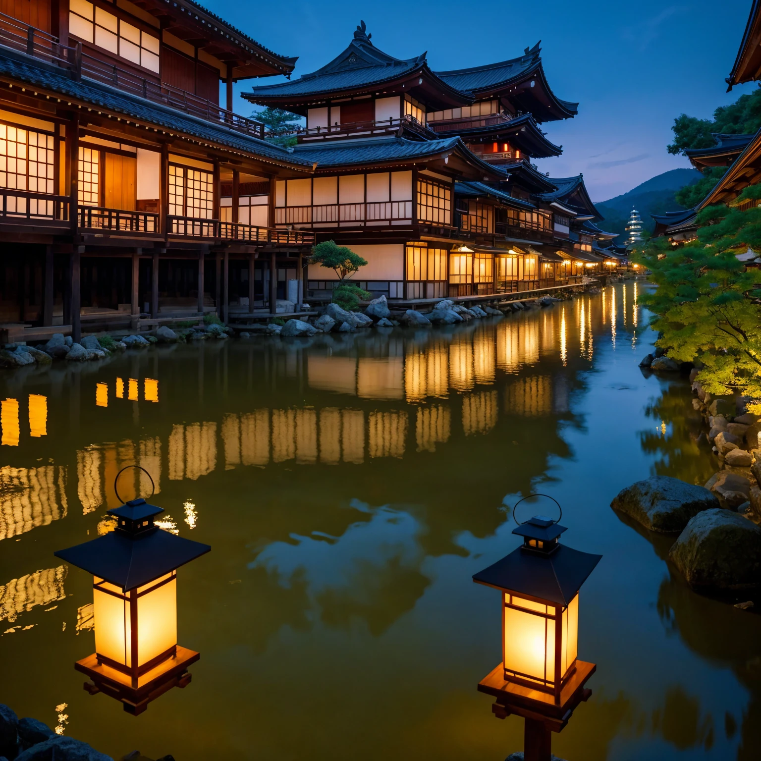 "Kyoto at night, serene riverside scene, glowing lanterns reflecting on the gentle flow of the river, traditional wooden buildings along the riverbank, soft ambient light, peaceful and calm atmosphere, starry night sky."