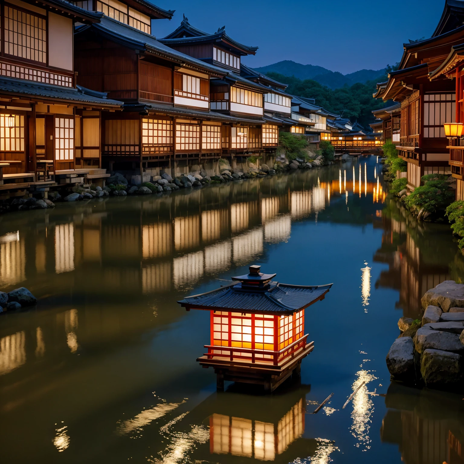 "Kyoto at night, serene riverside scene, glowing lanterns reflecting on the gentle flow of the river, traditional wooden buildings along the riverbank, soft ambient light, peaceful and calm atmosphere, starry night sky."