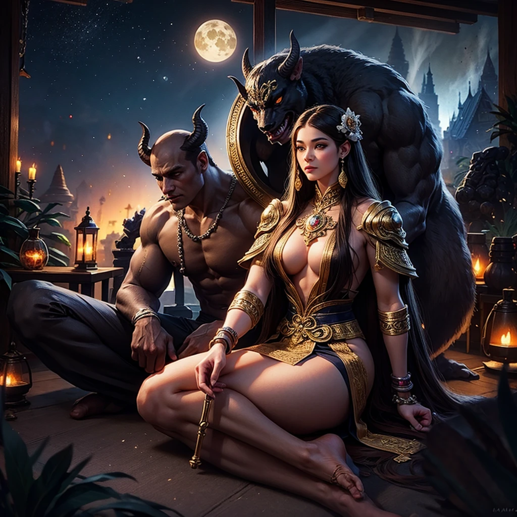A hero character from Thai mythology wearing a giant demon mask, sitting in a kneeling pose with an iPad and Apple Pencil in hands, against a background of intricate Thai pattern and smoke, with a large moon eclipse in the sky, highly detailed, photorealistic, 8k, cinematic lighting, dramatic composition, vibrant colors, fantasy, concept art