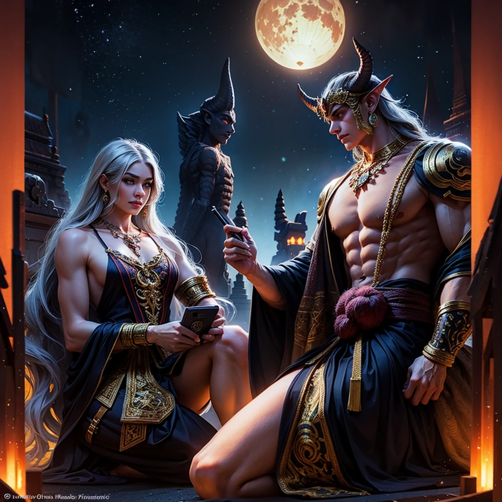 A hero character from Thai mythology wearing a giant demon mask, sitting in a kneeling pose with an iPad and Apple Pencil in hands, against a background of intricate Thai pattern and smoke, with a large moon eclipse in the sky, highly detailed, photorealistic, 8k, cinematic lighting, dramatic composition, vibrant colors, fantasy, concept art