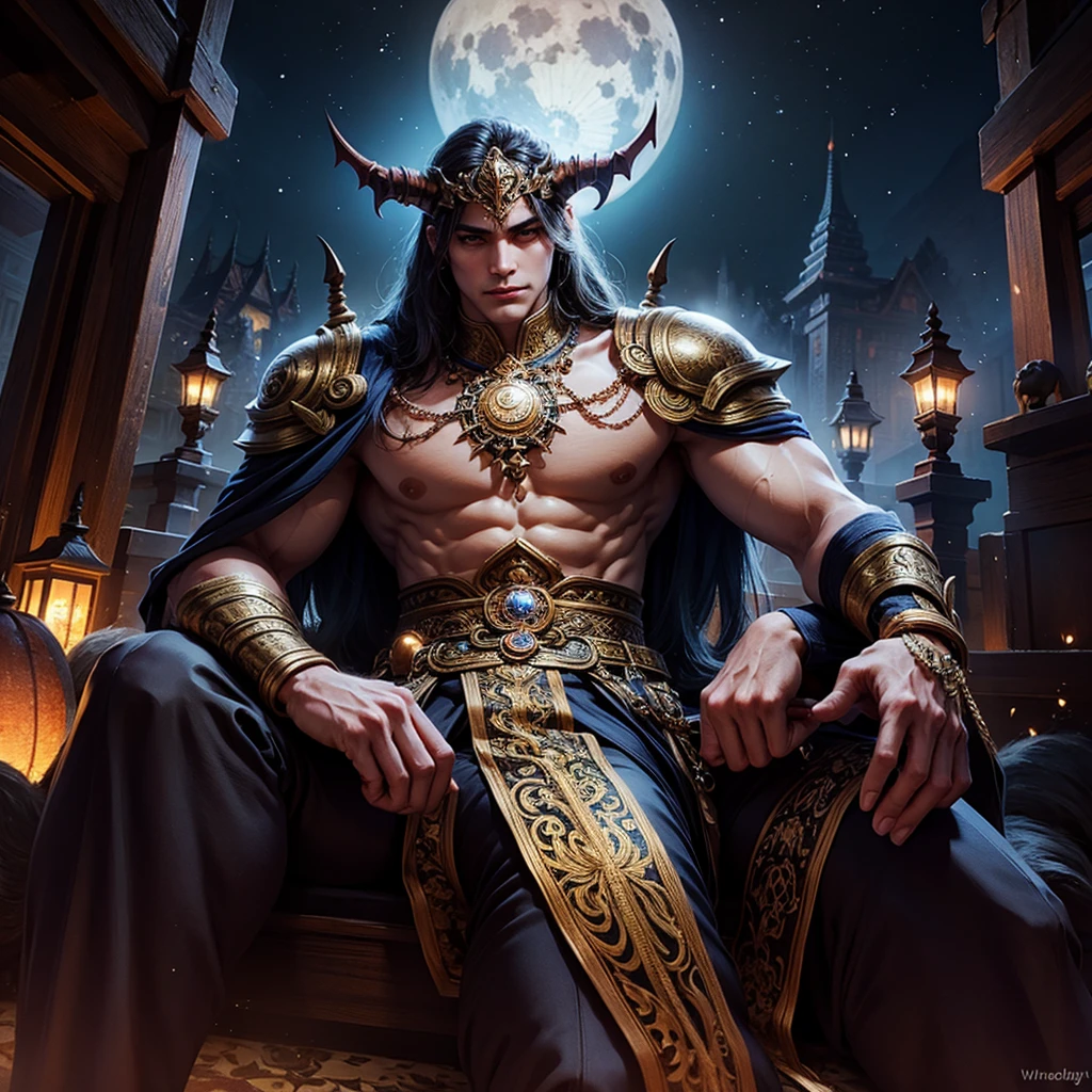 A hero character from Thai mythology wearing a giant demon mask, sitting in a kneeling pose with an iPad and Apple Pencil in hands, against a background of intricate Thai pattern and smoke, with a large moon eclipse in the sky, highly detailed, photorealistic, 8k, cinematic lighting, dramatic composition, vibrant colors, fantasy, concept art