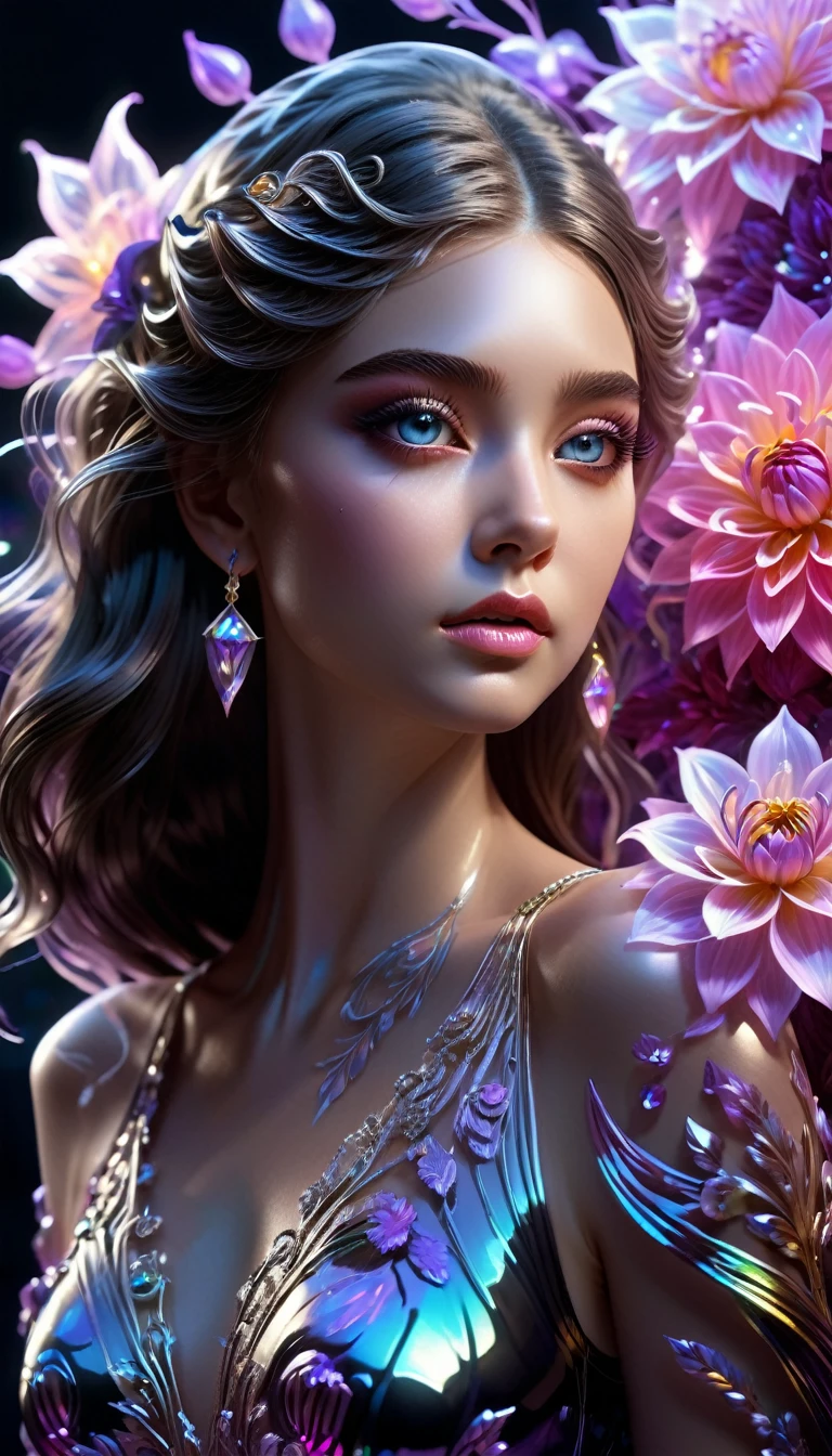 messy lines, iridescent color scale, (full-length portrait: 1.5), (far focus design: 1.5), A beautiful girl, High-gloss black satin and gold clothes, Proud, shy, jewelry, Bright pupils, Eyes facing the central focus, wrapped in lilac metallic screen, Exuding an aura of dark fantasy and hatred, Intricate and exquisite details, Highlights fine lines, rich color palette, rainbow colors. Added to enhance the overall ambience, Beautiful details shine, vibrant and perfect, through double exposure technology, Hauntingly beautiful fog enveloping the landscape, Delicate crystal structure shines, vibrant pink backlighting for flowers and hair, vibrant lilac dahlia blossom , flushed nose, high detail, intricate detailed lilac and iridescent flower background, dynamic pose, concept art, UHD, anatomically correct, super detail, best quality, 8k