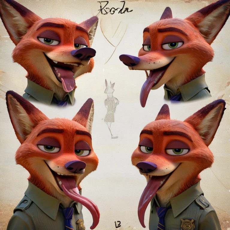 Nick Wilde (Zootopia), Disney Animation, 3D, Looking at viewer, Open Mouth, Tongue Out, Long Tongue, Wide-Eyed, Fox Ears, Anatomically Correct, Seductive Smile, Raised Eyebrow, Oral Invitation, Simple background, Multiple Views, Full Shot, Character Sheet Full-Length, Character Design, Illustration, High Resolution, Super Detailed, Textured Skin
