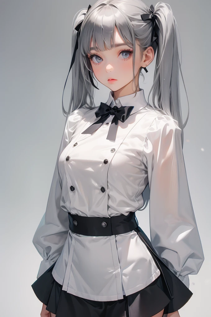a beautiful young girl in a white shirt with the buttons undone, revealing a small bust, with bangs and twin tails, wearing a short skirt, white panties, small breasts, and black socks, full body shot,((Gray background))