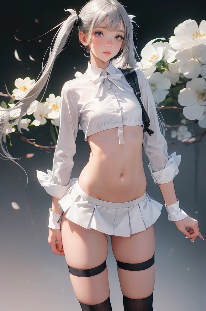 a beautiful young girl in a white shirt with the buttons undone, revealing a small bust, with bangs and twin tails, wearing a short skirt, white panties, small breasts, and black socks, full body shot,((Gray background))