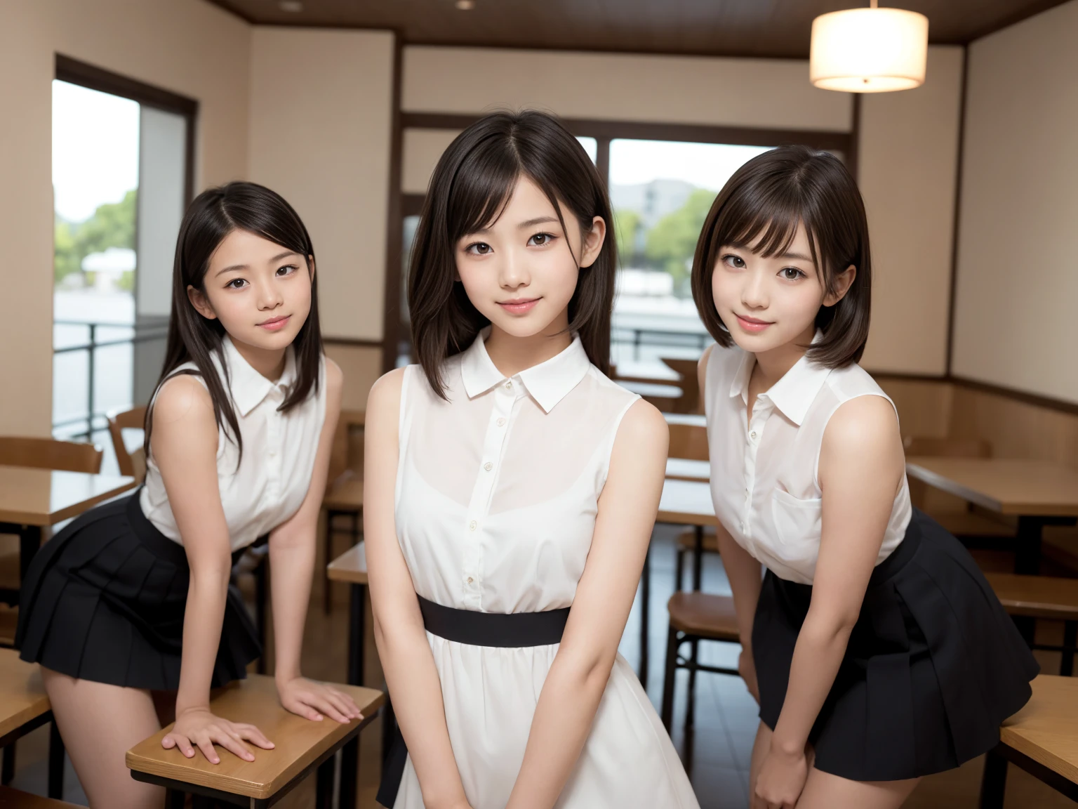 masterpiece, Highest quality, figure, Very detailed, The finer details, High resolution, 8k,wallpaper, Perfect dynamic composition,(Detailed high quality, Realistic depiction of eyes:1.3), (Three Girls),(A white, sleeveless, collared, tight, see-through dress), Seraphim, Short Bob Hair, In the background is an empty restaurant, Deep in the field, Black hair color, Big Natural Color Lip, (Perfect figure), (smile)、Harajuku Style、Elementary school girl in Japan:1.3), Adorable expression、Expressions of happiness、10 years old、height: 145cm、Baby Face、Amazingly cute、Cute type、Beautiful feet, Idol Sculpture