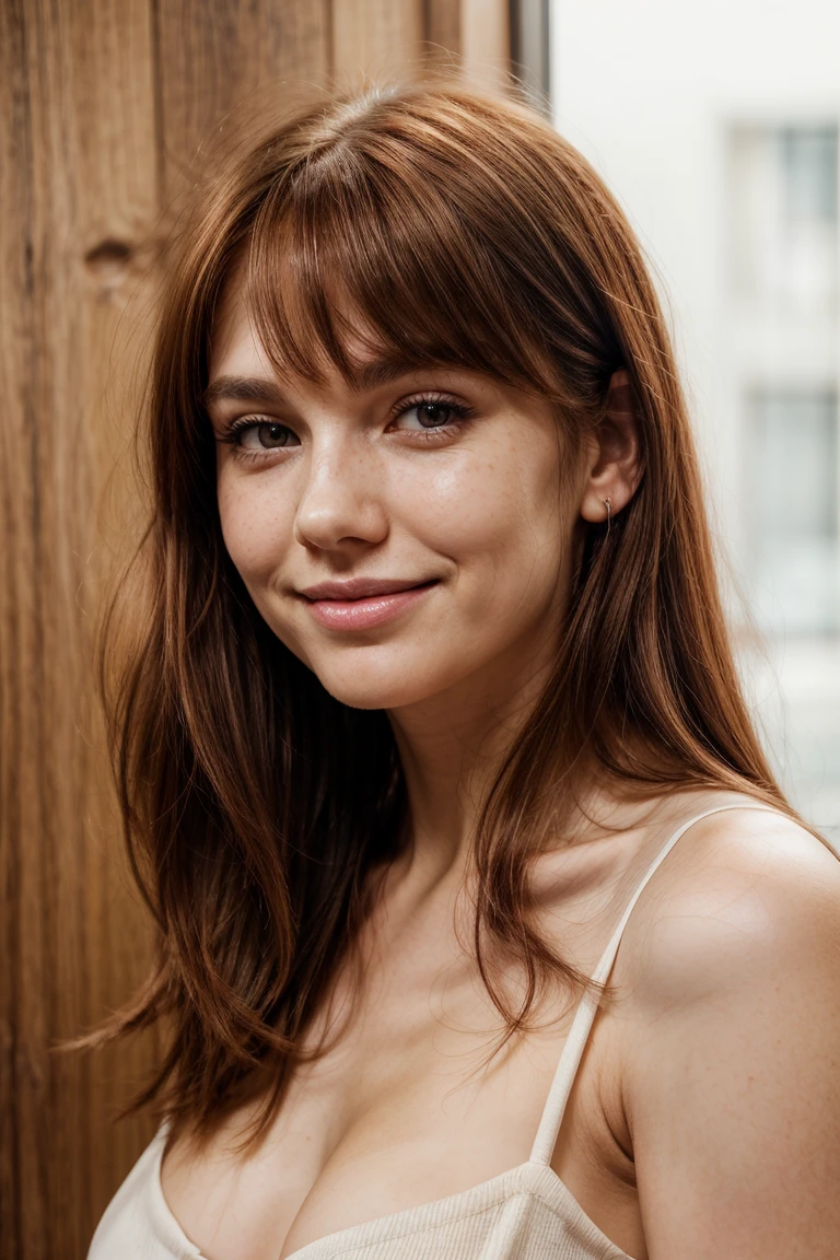 Red hair, straight hair, medium length hair, side-swept bangs, freckles across nose and cheeks, light brown eyebrows, large brown eyes, slight dark circles under eyes, white teeth, small gap between front teeth, fair skin, smooth complexion, light natural makeup, slightly pointed chin, slim face, thin nose, slightly upturned nose tip, high cheekbones, slightly flushed cheeks, subtle dimples when smiling, relaxed and friendly expression, slightly parted lips, full lower lip, delicate jawline, visible collarbones, no visible piercings or tattoos, black dress, realistic