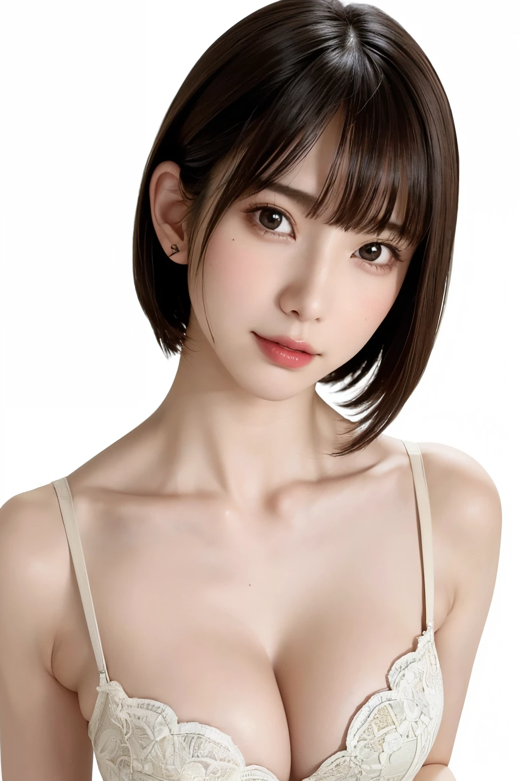 ((masterpiece, Highest quality, High resolution、Everything is beautifully detailed)), 1 girl, (Realistic: 1.4), alone, White Background, snow-White Background, Mouth closed, smile, smile, Beautiful black hair, short hair, Big eyes, Transparent double eyelids, eyelash, Listen carefully, Long neck, 美しくLong neck, Absolute area, ((Face close-up)), (Draw the whole head, shoulder), 19 years old, Attractive proportions, Glowing Skin, Beautiful clavicle, Golden ratio face, Perfect Face, Teardrop-shaped mole, chestのほくろ, bangs, clean bangs, beautiful bangs, Lip gloss, Thin lips, Fair skin, naked, Big Breasts, {Huge|big|Hugeな|Mega} chest, chestの谷間,Small face, Small face, All the heads are painted, shoulder all drawn, Point slightly above the camera