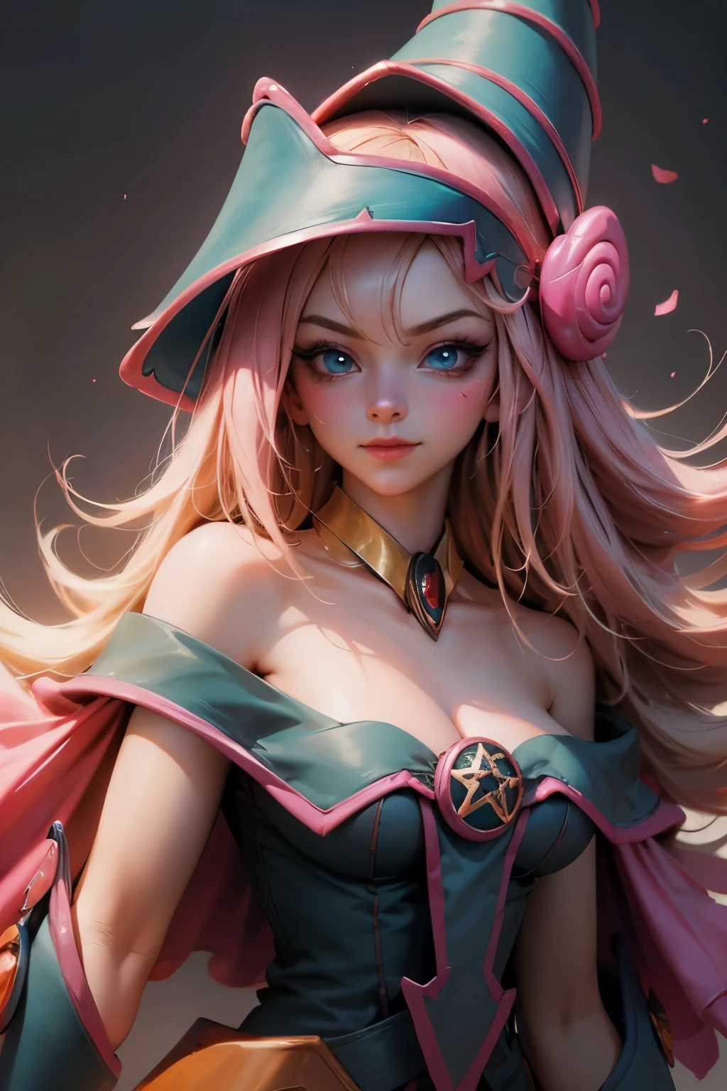 Shot of the beautiful face of dark wizard gils. Extra long eyelashes. blue eyes like crystal. brio in the eyes. pink lips. long blonde hair. exposed shoulders, angelic smile, beautiful well detailed face of the dark wizards gils. She is flirtatious with the viewer. Long and big eyelashes. Half body focus. side pose. She is looking to the side.