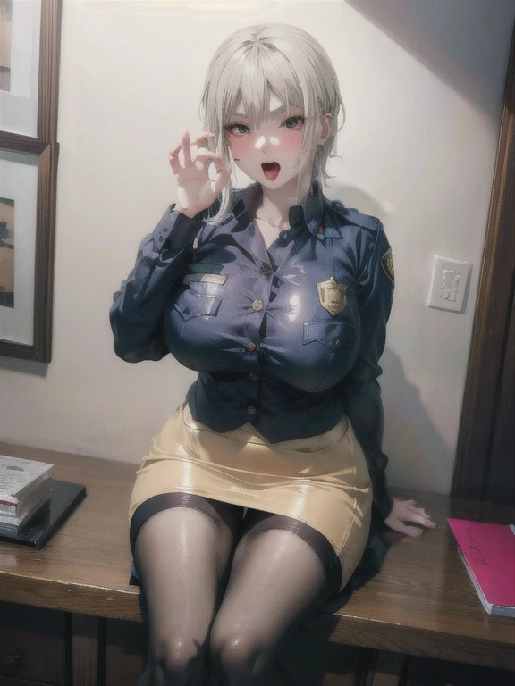 ((Highest quality)), ((masterpiece)), (detailed), One Girl,(Knee-length),Cosplay,whole body,Big Breasts,Underbust,Glasses,Black knee-highs,Black boots,Police Officer,(Tight mini skirt),Black shirt,(Open the buttons on your shirt),22-year-old woman,(Naughty look),(Loose perm),((Excited expression)),Browsing Caution,nswf Japanese,(attractive appearance),atmosphere,rotor,blush,(Dirty room),(Girl hugged by fat man)