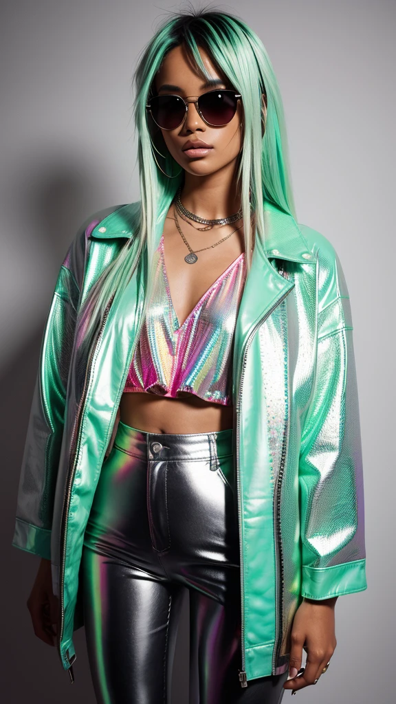 A DJ with loose hair in shades of mint green and neon pink, wearing a silver holographic jacket and black leather pants. She's at an electronic music festival with green and pink neon lights pulsing around her, holding neon green headphones as he pumps up the crowd with his music. His fixed and determined gaze transmits pure energy.