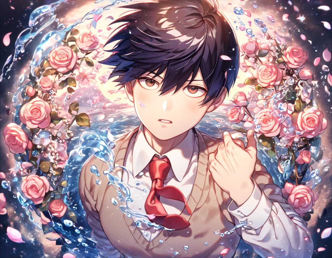 absurdres, highres, ultra detailed, HDR, masterpiece, extremely detailed, Kageyama Ritsu, black hair, expressive brown eyes, Mob Psycho 100, solo, sexy man, handsome, sensual, brown sweater, white shirt, red necktie, water, magical, fantasy, glittering, shining, pink roses, blossoms, petals, in woderland, clock