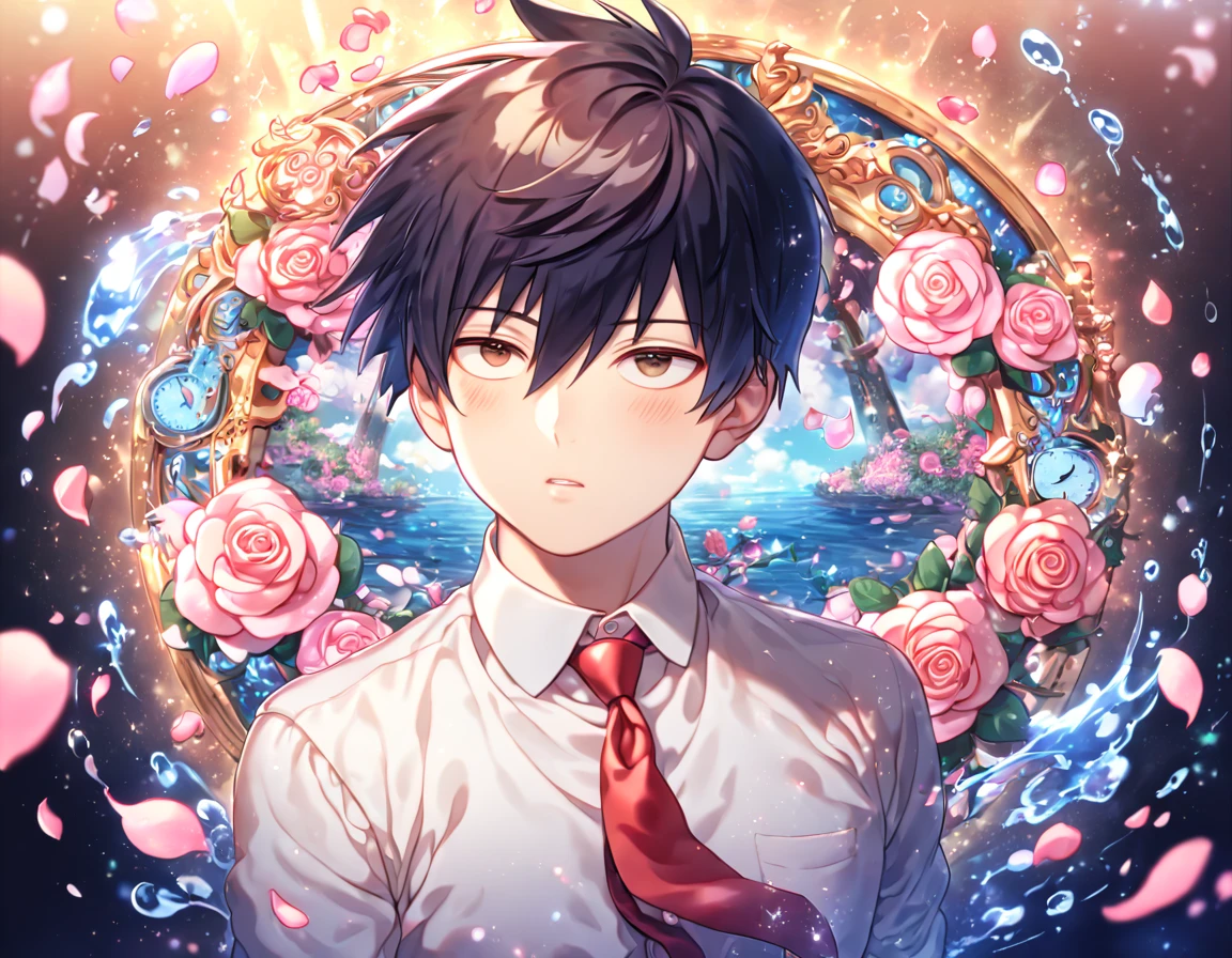 absurdres, highres, ultra detailed, HDR, masterpiece, extremely detailed, Kageyama Ritsu, black hair, expressive brown eyes, Mob Psycho 100, solo, sexy man, handsome, sensual, brown sweater, white shirt, red necktie, water, magical, fantasy, glittering, shining, pink roses, blossoms, petals, in woderland, clock