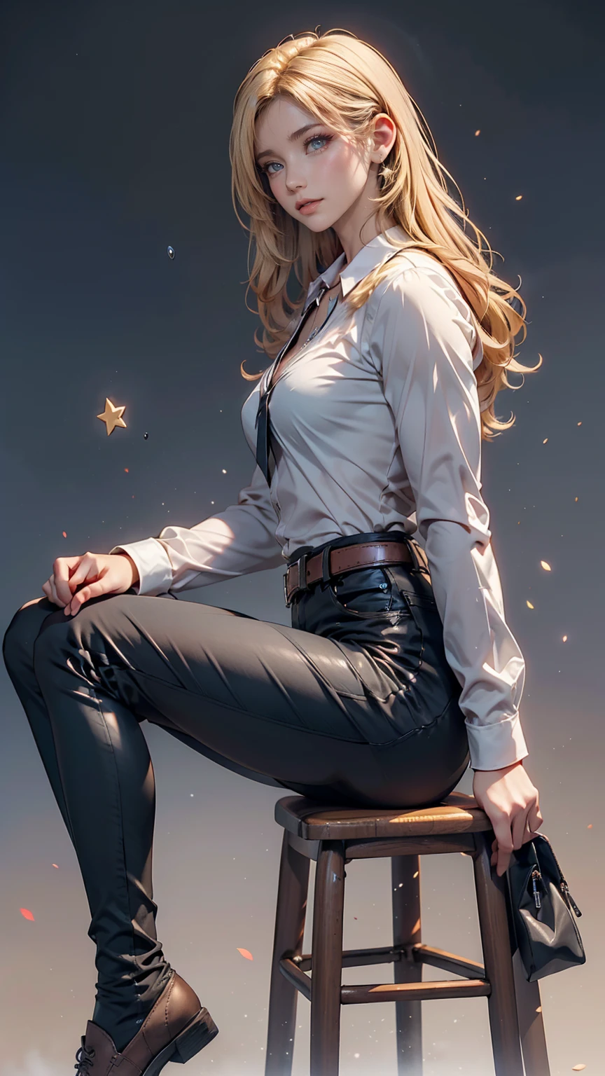 Ah Style, shingeki no kyojin,, , Krista Lentz,, One girl, belt, belt buckle, Blonde, blue eyes, Brown footwear, brown pants, buckle, chest belt, collared shirt, diamond (shape), Floating Hair, From the side, whole body, Gray background, Hair between the eyes, Place your hands on your thighs, Long Hair, Long sleeve, Future outlook, with own hands, pants, Lips parted, shirt, shoes, Sitting, alone, Shine, star (symbol), Thigh straps, white shirt, , , ((masterpiece)), Highest quality, , 、Sexy proportions、Narrow waist