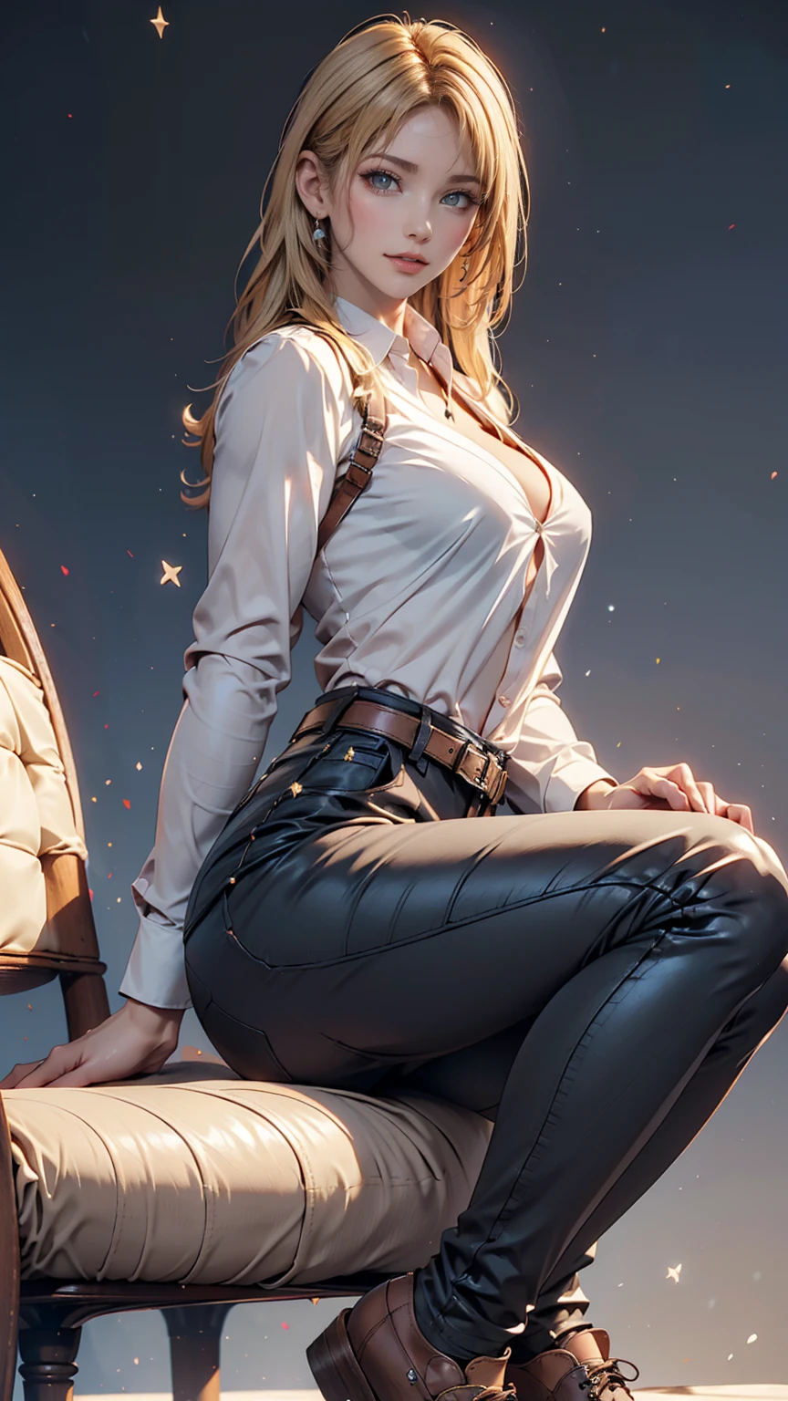Ah Style, shingeki no kyojin,, , Krista Lentz,, One girl, belt, belt buckle, Blonde, blue eyes, Brown footwear, brown pants, buckle, chest belt, collared shirt, diamond (shape), Floating Hair, From the side, whole body, Gray background, Hair between the eyes, Place your hands on your thighs, Long Hair, Long sleeve, Future outlook, with own hands, pants, Lips parted, shirt, shoes, Sitting, alone, Shine, star (symbol), Thigh straps, white shirt, , , ((masterpiece)), Highest quality, , 、Sexy proportions、Narrow waist