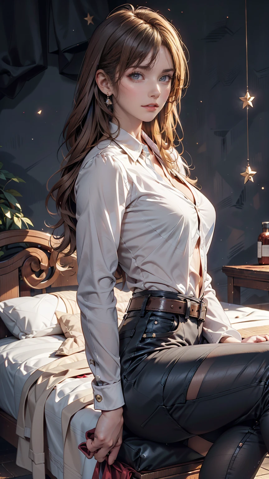 Ah Style, shingeki no kyojin,, , Krista Lentz,, One girl, belt, belt buckle, Blonde, blue eyes, Brown footwear, brown pants, buckle, chest belt, collared shirt, diamond (shape), Floating Hair, From the side, whole body, Gray background, Hair between the eyes, Place your hands on your thighs, Long Hair, Long sleeve, Future outlook, with own hands, pants, Lips parted, shirt, shoes, Sitting, alone, Shine, star (symbol), Thigh straps, white shirt, , , ((masterpiece)), Highest quality, , 、Sexy proportions、Narrow waist