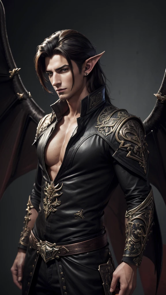 ((work of art, better quality, high resolution)) Handsome young man with black devil wings, conjunctivitis, pointed ears, stalwart