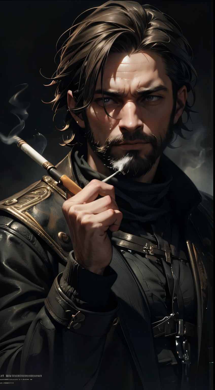 "official art", "Realistic Digital Painting with Concept Art Elements"," digital painting," "concept art," "realistic," , "detailed environment: , "high detail", "detailed face", "high-res", "ominous aura,", "8k resolution", "oil painting", "graded colors", "darker tone" , "little saturation" ,"professionally colored" , "dark feeling", "concept art" , "detailed features" , "detailed eyes", "cold eyes", "1man" , "upper body", "tailer background", "lean build" , "scruffy short hair" , "scruffy short beard" , "cigarette between lips, smoking a cigarette" , "tattered clothing" , "dirty artsyle"