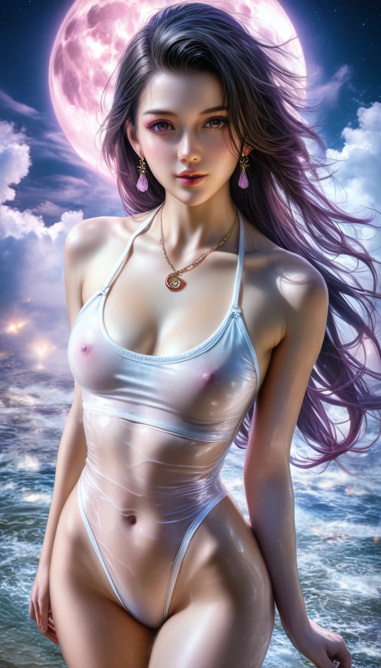 score_9, score_8_superior, score_7_superior, A masterpiece in 32K resolution,Highest quality,it is really amazing,Very detailed,Ultra-high resolution,(Ultra-realistic:1.5),(Realistic:1.5),Increased depth of field,Cinematic lighting,
( adult Japan woman:1.4),
Long black hair,Ultra-detailed and beautiful face,(Gentle expression:1.1),Translucent white skin,(Realistic skin texture:1.1),
( Swimwear:1.1),
Bold design,Artistic design,Beautiful and detailed pattern,Detailed fabric texture,
Gorgeous necklace,Earrings,
Coastline at night,(Giant Moon:1.1),(Dark clouds floating in the dark night sky:1.1),
High angle,