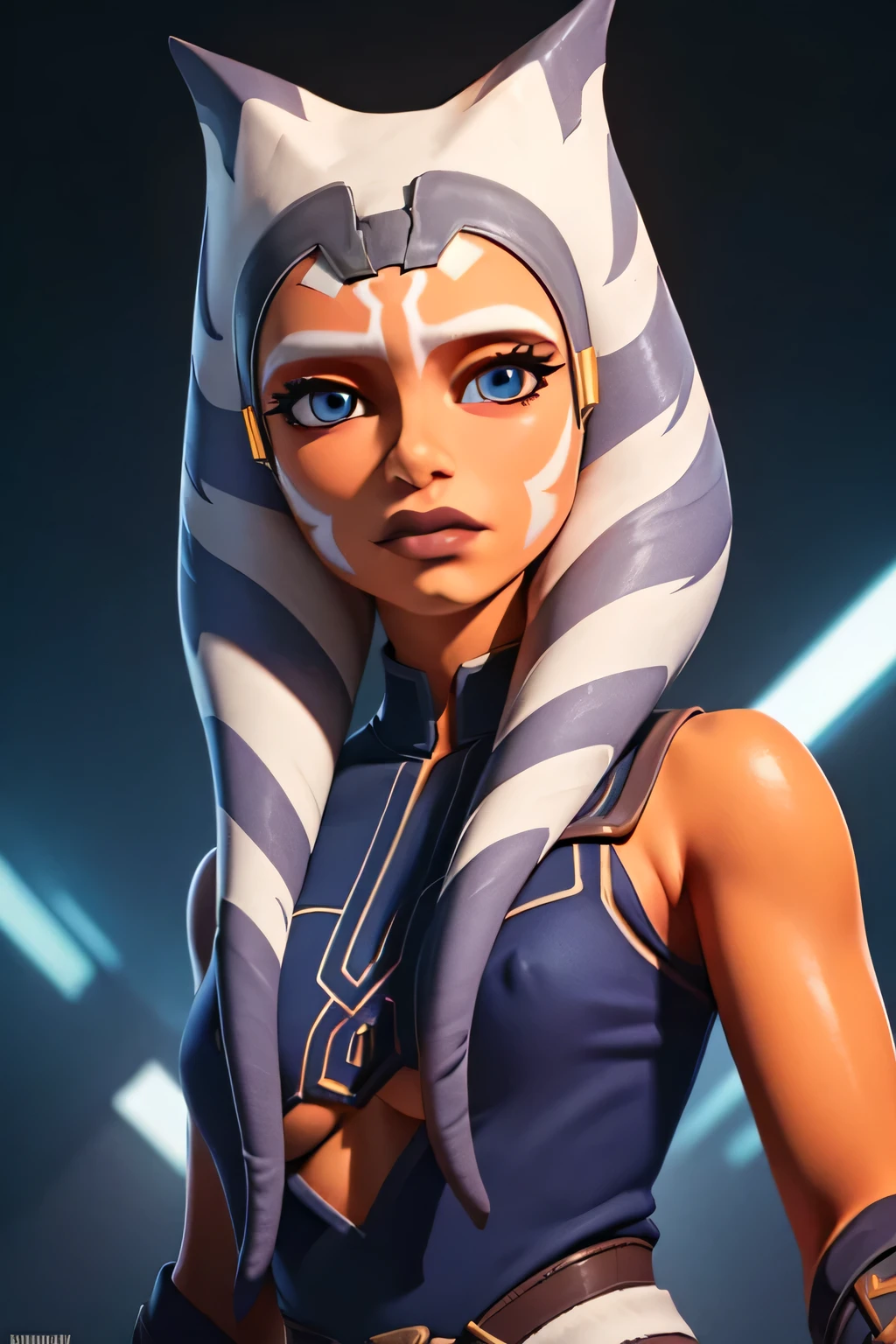 (masterpiece, best quality, ultra-detailed), AhsokaTano, (orange skin:1.2), blue eyes, makeup, (blue shirt:1.2), hip armor, (portrait shot, upper body), looking at viewer, stance looking like she's going to attack