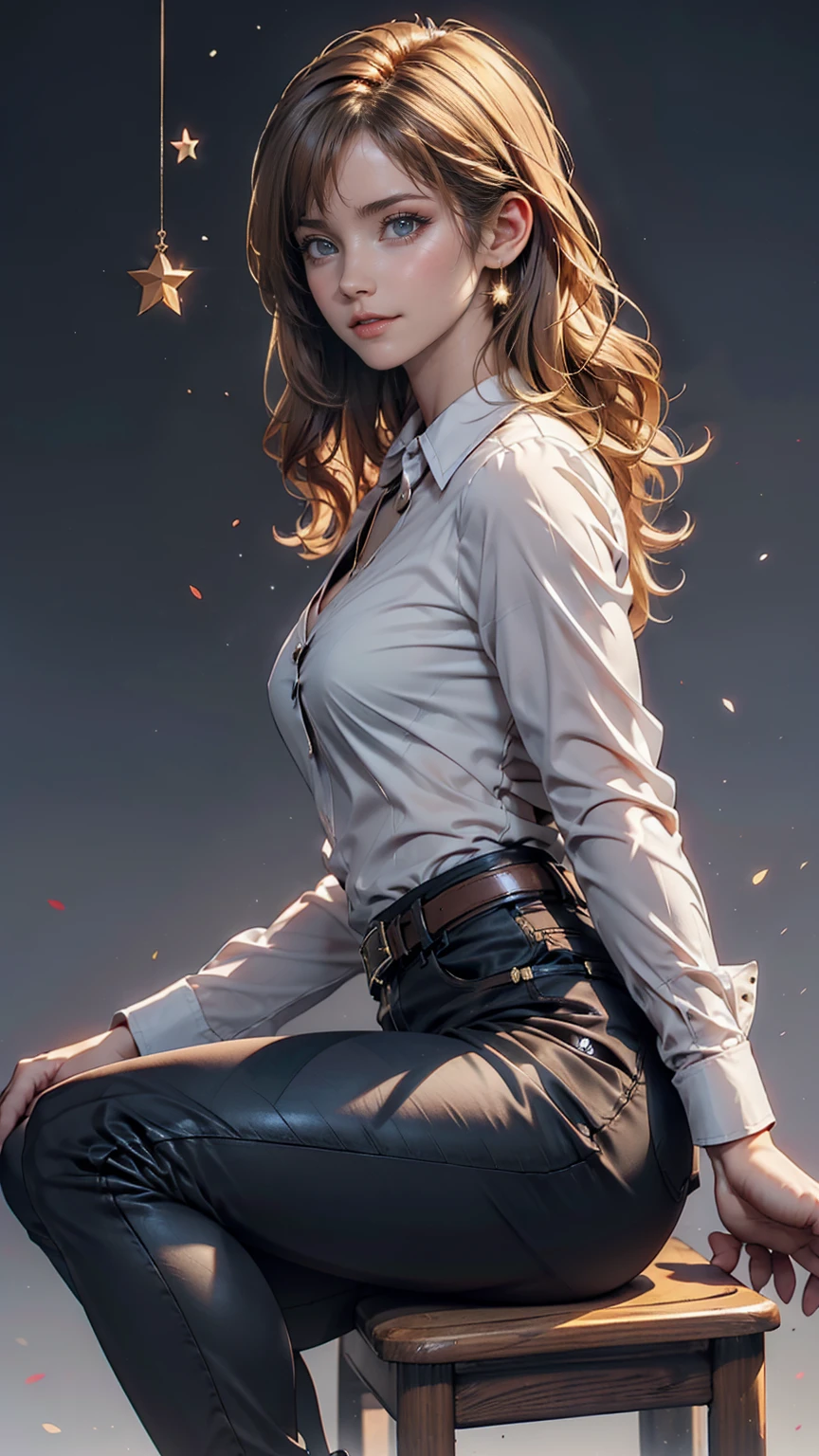 Ah Style, shingeki no kyojin,, , Krista Lentz,, One girl, belt, belt buckle, Blonde, blue eyes, Brown footwear, brown pants, buckle, chest belt, collared shirt, diamond (shape), Floating Hair, From the side, whole body, Gray background, Hair between the eyes, Place your hands on your thighs, Long Hair, Long sleeve, Future outlook, with own hands, pants, Lips parted, shirt, shoes, Sitting, alone, Shine, star (symbol), Thigh straps, white shirt, , , ((masterpiece)), Highest quality, , 、Sexy proportions、Narrow waist