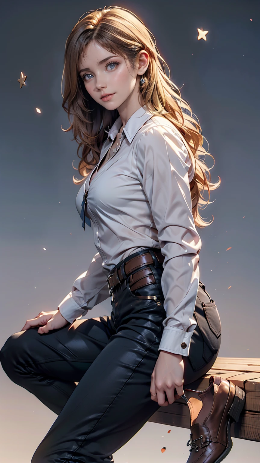 Ah Style, shingeki no kyojin,, , Krista Lentz,, One girl, belt, belt buckle, Blonde, blue eyes, Brown footwear, brown pants, buckle, chest belt, collared shirt, diamond (shape), Floating Hair, From the side, whole body, Gray background, Hair between the eyes, Place your hands on your thighs, Long Hair, Long sleeve, Future outlook, with own hands, pants, Lips parted, shirt, shoes, Sitting, alone, Shine, star (symbol), Thigh straps, white shirt, , , ((masterpiece)), Highest quality, , 、Sexy proportions、Narrow waist