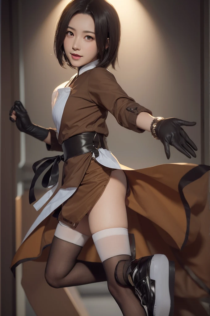 There is a woman wearing a short skirt and a brown shirt., fubuki, Photorealistic anime girl rendering, honest, Written by Kano Naizen, Catboy Cosplay! maid! dress, honest shinkai ( Apex Legends ), Also, April Rendering, Inspired by Ren Mei, King of Fighters character