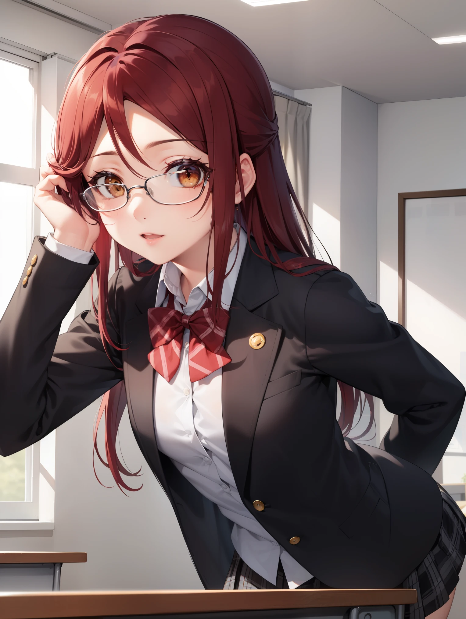rikosakurauchi, riko sakurauchi, (brown eyes:1.5), hair between eyes, long hair, (red hair:1.5), (small breast:1.2), 
BREAK glasses, advanced nurturing high school uniform, blazer, red blazer, bow, bowtie, collared shirt, jacket, long sleeves, pleated skirt,
BREAK looking at viewer, standing,(from below:1.2), (leaning forward:1.2), (arms behind back:1.2),
BREAK indoors, classroom, 
BREAK (masterpiece:1.2), best quality, high resolution, unity 8k wallpaper, NSFW,(illustration:0.8), (beautiful detailed eyes:1.6), extremely detailed face, perfect lighting, extremely detailed CG, (perfect hands, perfect anatomy),