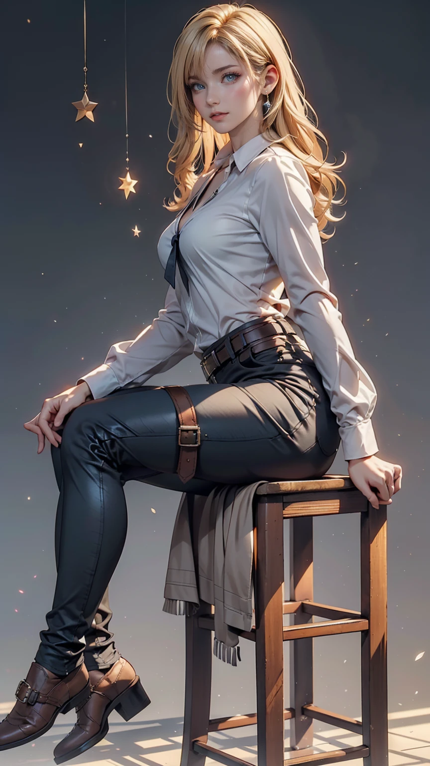 Ah Style, shingeki no kyojin,, , Krista Lentz,, One girl, belt, belt buckle, Blonde, blue eyes, Brown footwear, brown pants, buckle, chest belt, collared shirt, diamond (shape), Floating Hair, From the side, whole body, Gray background, Hair between the eyes, Place your hands on your thighs, Long Hair, Long sleeve, Future outlook, with own hands, pants, Lips parted, shirt, shoes, Sitting, alone, Shine, star (symbol), Thigh straps, white shirt, , , ((masterpiece)), Highest quality, , 、Sexy proportions、Narrow waist