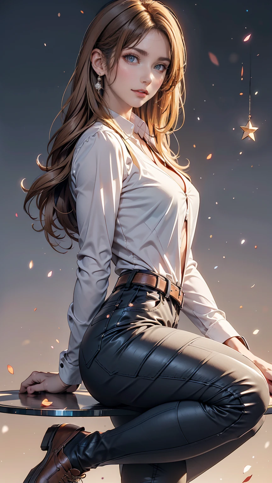 Ah Style, shingeki no kyojin,, , Krista Lentz,, One girl, belt, belt buckle, Blonde, blue eyes, Brown footwear, brown pants, buckle, chest belt, collared shirt, diamond (shape), Floating Hair, From the side, whole body, Gray background, Hair between the eyes, Place your hands on your thighs, Long Hair, Long sleeve, Future outlook, with own hands, pants, Lips parted, shirt, shoes, Sitting, alone, Shine, star (symbol), Thigh straps, white shirt, , , ((masterpiece)), Highest quality, , 、Sexy proportions、Narrow waist