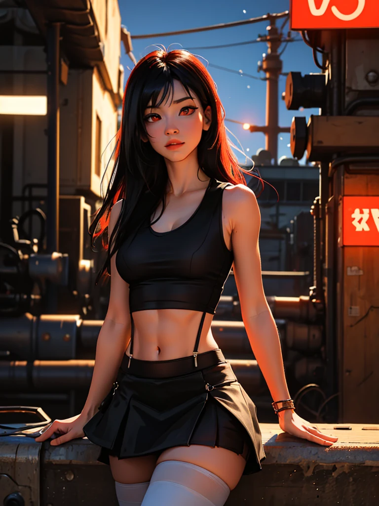 official art, unity 8k wallpaper, ultra detailed, beautiful and aesthetic, masterpiece, best quality, extremely detailed, dynamic angle, cowboy shot, elegant, vivid colours, atmospheric. Tifa lockhart, long black hair, red eyes, hair bangs, (white tank top:1.5), white top, (black miniskirt:1.4), suspenders, stockings, cleavage, (red eyes:1.5)one girl, 1 girl, thin waist, wide hips, exposed abdomen, toned abs, toned arms, close up, see through clothes, semi transparant clothes, outside an industrial factory at night, a green atmospheric glow