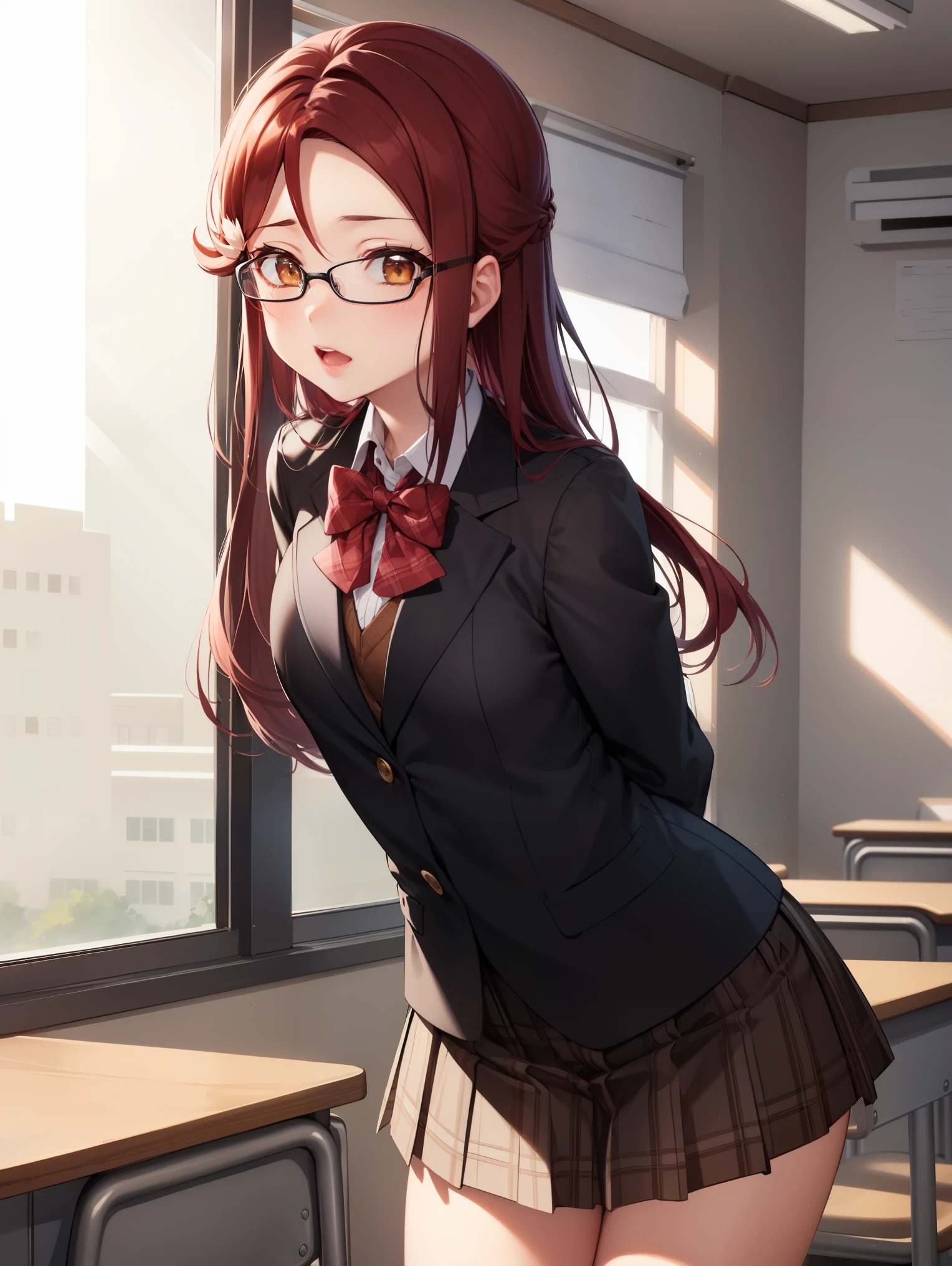 rikosakurauchi, riko sakurauchi, (brown eyes:1.5), hair between eyes, long hair, (red hair:1.5), (small breast:1.2), 
BREAK glasses, advanced nurturing high school uniform, blazer, red blazer, bow, bowtie, collared shirt, jacket, long sleeves, pleated skirt,
BREAK looking at viewer, standing,(from below:1.2), (leaning forward:1.2), (arms behind back:1.2),
BREAK indoors, classroom, 
BREAK (masterpiece:1.2), best quality, high resolution, unity 8k wallpaper, NSFW,(illustration:0.8), (beautiful detailed eyes:1.6), extremely detailed face, perfect lighting, extremely detailed CG, (perfect hands, perfect anatomy),