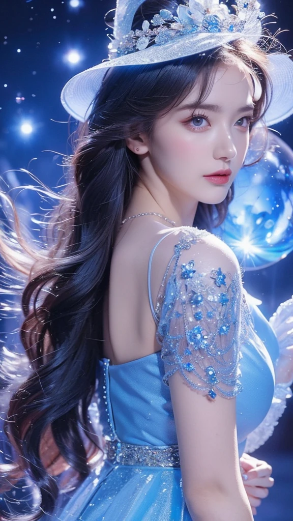 Witch woman,Conservative dress,Ion Rainbow,Blue Crane,Dressed in blue, red and white princess dress,Upper body close-up,Close-up photo,jewelry,Big Breasts、Vision of Heaven and Earth,Magic crystal ball,The Milky Way in the background,solar system、