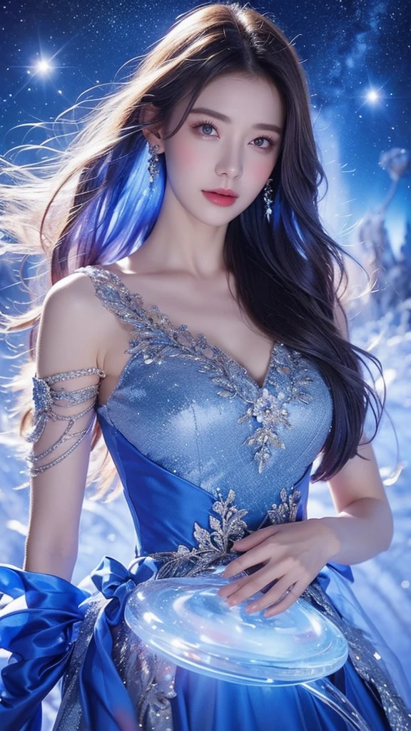 Witch woman,Conservative dress,Ion Rainbow,Blue Crane,Dressed in blue, red and white princess dress,Upper body close-up,Close-up photo,jewelry,Big Breasts、Vision of Heaven and Earth,Magic crystal ball,The Milky Way in the background,solar system、