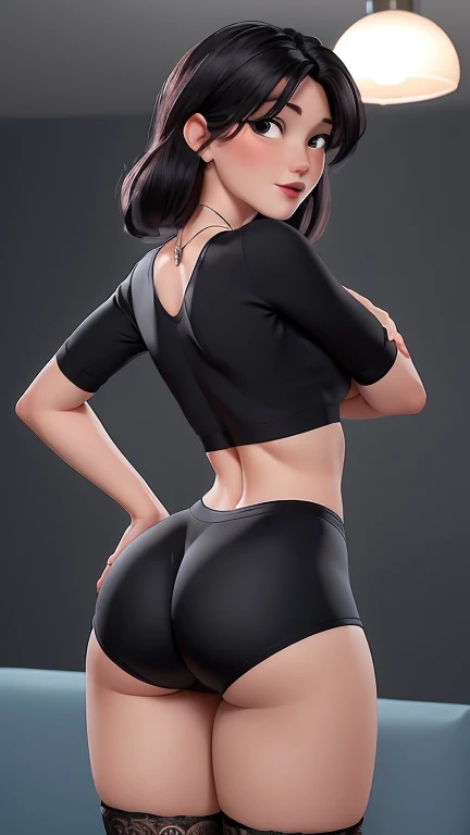 (best qualityer:1.4), body focus, (cute face), work of art, ultrarealistic, (((best qualityer))), ((comely Finger)), Gorgeous character design, ,lighting perfeita, colorfully, Ablaze_front_face_lighting, ultra high resolution, high resolution, absurderes:1.2, bokeh:1.2, Lens flare, (Vibrant_colour:1.2), (comely, :1.2), (thick-thighs:1.1), thick,
Animated female character, black hair, mounted on sofa's arm, sideways back, shot from above, de bruços, empinando a bunda, top view, Pale skin, ((wearing tight lycra shorts  seducive lace lingerie)), ((wearing ultra-tight black lycra shorts and white top)), silver necklace with pendant, wrinkles, Red lips, long hair, ((view from back))