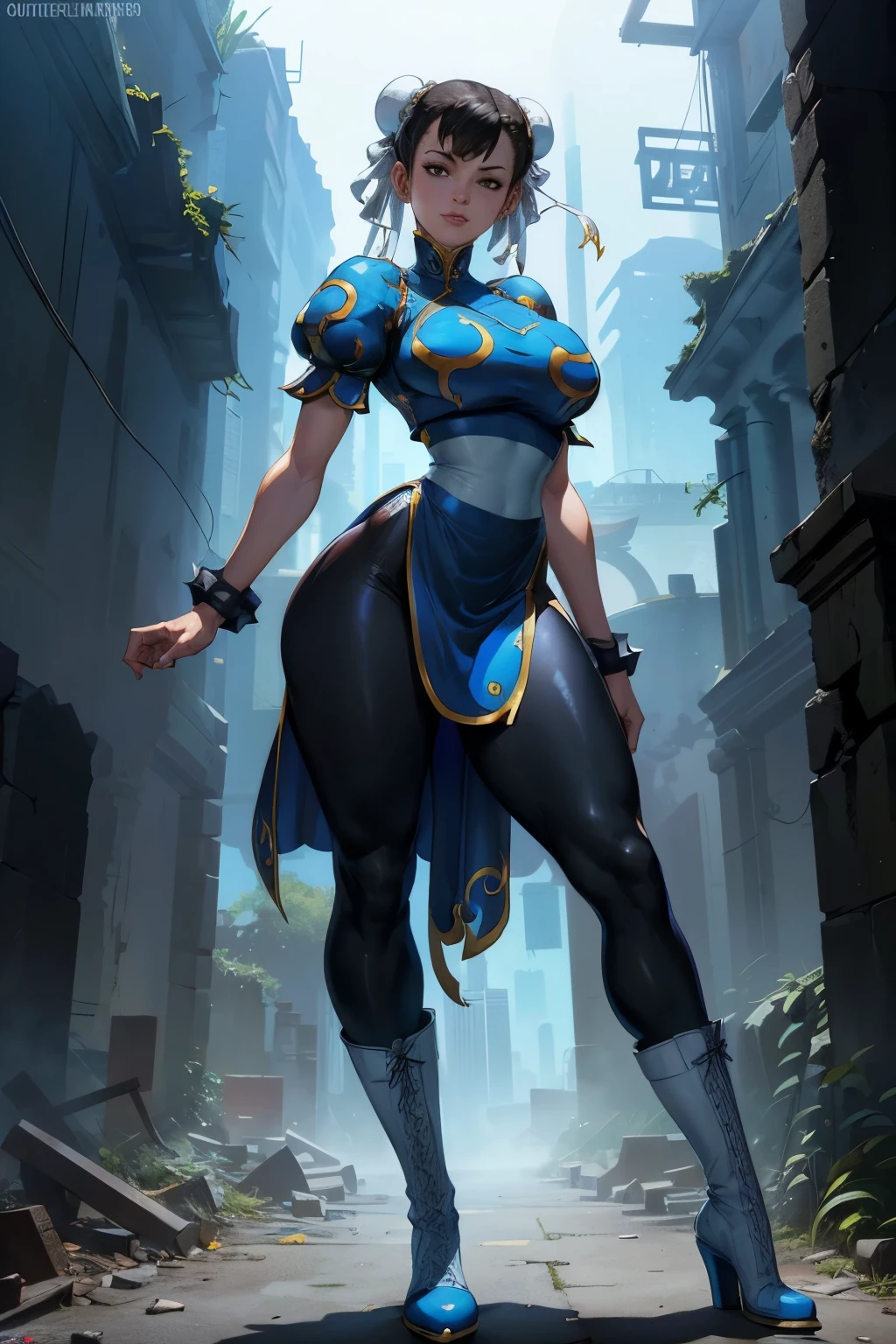 (La mejor calidad,A high resolution,Ultra - detallado,actual),Selena Gómez es chun-li,,(Fondo de ruinas de mazmorra en ruinas cyberpunk :1.4 ), Beautiful young woman in blue dress，Smile，(white boots:1.4) ，Exquisite facial features，tie hair, (black leggings:1.4) ，Blue clothes,( blue skirt:1.4) , ，front standing posture ，facing the audience，(full body Portrait) ，gray background, ,(Fondo de ruinas de mazmorra en ruinas:1.4 ), (anatomía perfecta :1.4), (face detailed :1.4), (Selena Gómez :1.4), (Chun Li :1.4),( Chun Li V2.1), More detailed 8K.motor irreal:1.4,UHD,La mejor calidad:1.4, fotorrealista:1.4, textura de la piel:1.4, obra maestra:1.8,obra-prima, mejor calidad,objeto Objeto], (detailed face features:1.3),(Las proporciones correctas),(Ojos hermosos azules), teenagegirl,se vaquero)