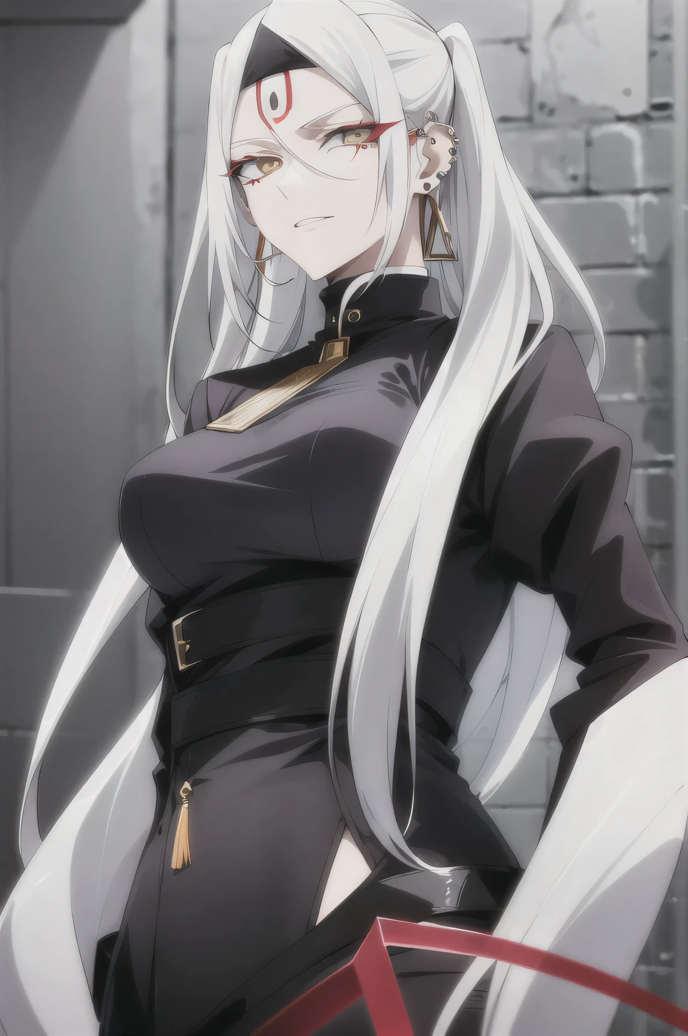 Modern woman, long white hair, amber eyes, geometric red mark in the middle of the forehead, piercings, wears a black high-neck blouse and jacket with long earrings.