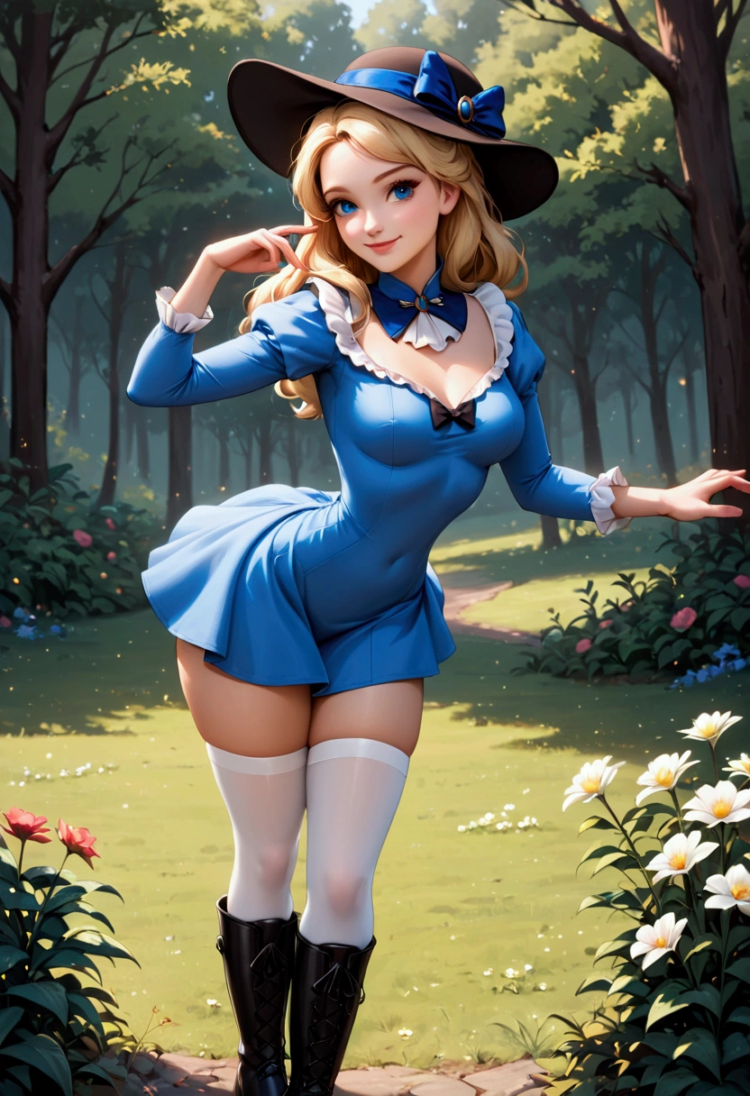 core_9, score_8_up, score_7_up, score_6_up, AliceWaifu, a pretty 11yo blonde flirting with an old man in a forest around multiple flowers, magic particles, leaning forward, cute pose, sexy pose, medium breasts, narrow waist, wide hips, thick thighs, cinematic, naughty face, coquettish smile, big blue eyes, (((ornate picture hat, blue high-collar long sleeve dress, white petticoats, white stockings, black boots))), long blonde updo, disney style, looking at viewer, realistic, cute, Edwardian setting, 1900_dr3ss, daintily lifting her skirts
detailed landscape, cowboy shot, full body 
 