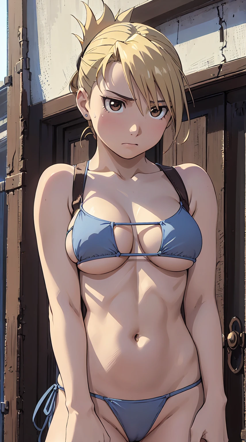 masterpiece, Highest quality, High resolution, One Girl, Hamriz, ponytail, Brown eyes,big , Micro Bikini、Beach,Outdoor、Upper body close-up、Muscular body、blush、Sweat、Composition from the front、anime、(((Light blue bikini、Stand in front、Big Boobs、The audience is embarrassed、Pussy line、NSFW、Expressionless、Look forward)))