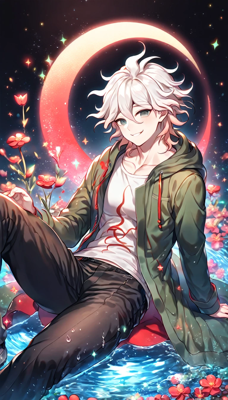 absurdres, highres, ultra detailed, HDR, master piece, Komaeda Nagito, white hair, expressive light green-grey eyes, green long coat with hoodie, white shirt, black pants, grey shoes, Danganronpa, sexy man sitting, handsome, best quality, red glittering crescent moon, red flowers, fantasy, magical, solo, water, red shining fireflies, red petals, sensual, horny, manly man, handsome smile,