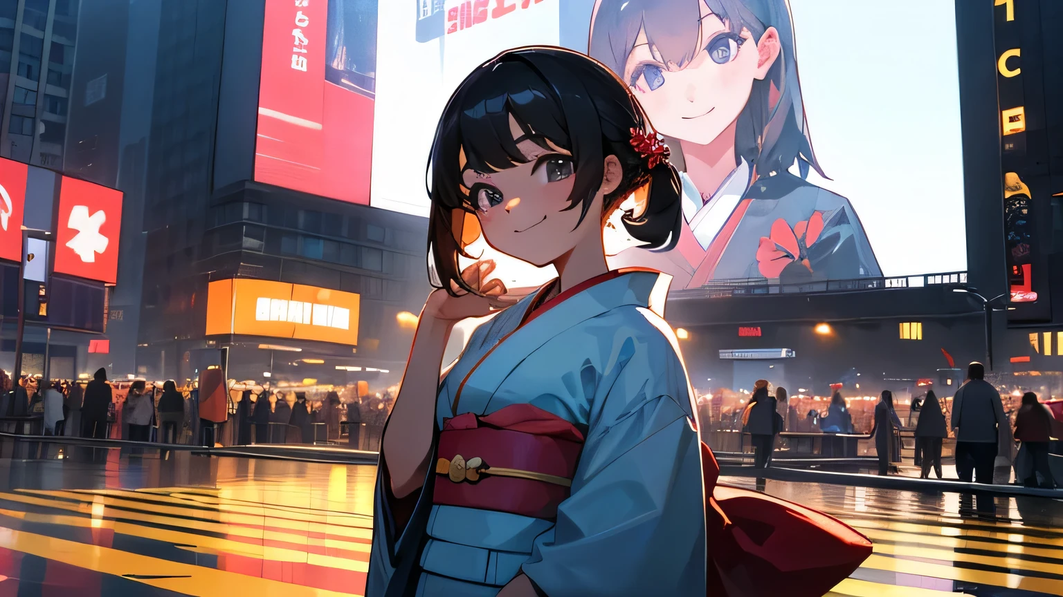 Summer,New York, Times squer,big screen,america,smile,kimono,girl