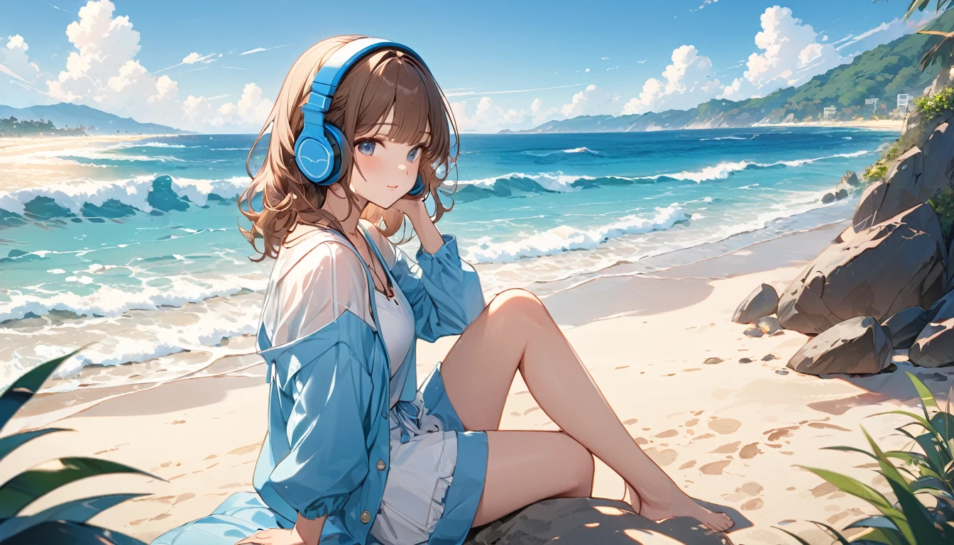 Brown-haired girl wearing headphones、Blue ocean highly detailed、masterpiece, Highest quality, Light background:The expansive blue sea and white waves:Cool and relaxing outfit:Casual beachwear pose:Sitting on the beach, watching the waves:A beach with a pleasant sea breeze
(Detailed fingers), (Emotional), (Breathtakingly beautiful), (main part:1.2 Whole body), (Anime Style), (Very detailed), (超High resolution, High resolution), (8k), (Complex and beautiful: 1.2)