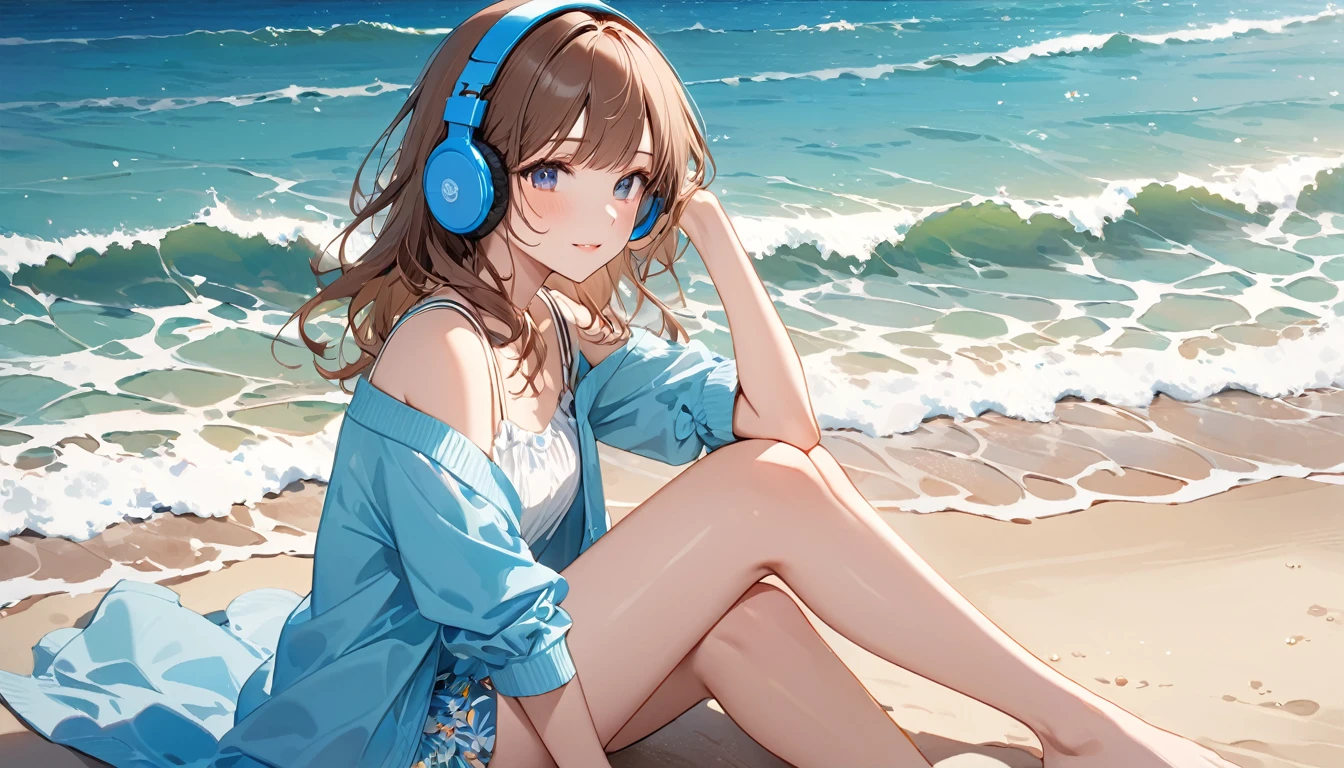 Brown-haired girl wearing headphones、Blue ocean highly detailed、masterpiece, Highest quality, Light background:The expansive blue sea and white waves:Cool and relaxing outfit:Casual beachwear pose:Sitting on the beach, watching the waves:A beach with a pleasant sea breeze
(Detailed fingers), (Emotional), (Breathtakingly beautiful), (main part:1.2 Whole body), (Anime Style), (Very detailed), (超High resolution, High resolution), (8k), (Complex and beautiful: 1.2)