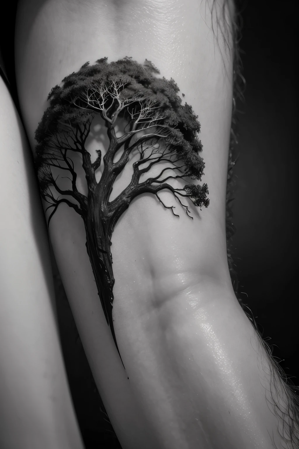 "Draw a jaboticaba tree in black and white, with realistic style, ideal for a male tattoo on the inner part of the forearm. Include a twisted torso, branches spread naturally, dense leaves and well-defined jabuticabas. The image should follow the curvature of the forearm and use shading to give depth and contrast."