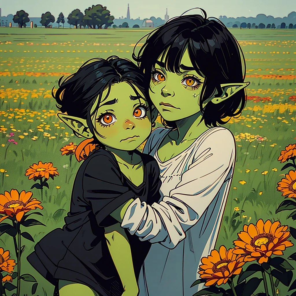 A LITTLE GOBLIN GIRL, CHILDREN, green skin, black hair, orange eyes, long ears, , wearing rags. In a field with flowers y que este llorando