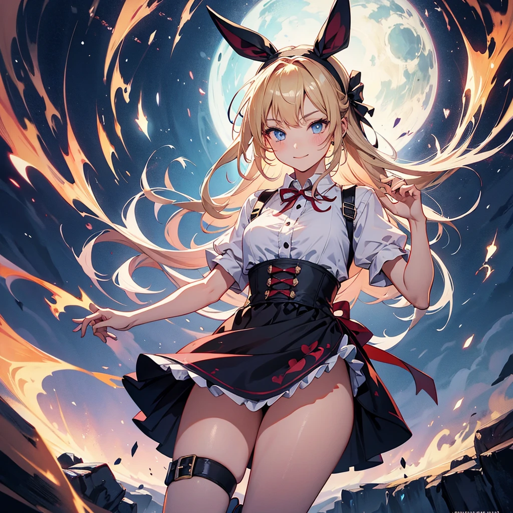 (Tabletop, Highest quality), (Perfect athletic body:1.2), (Fine hair), Very detailed, Anime Style, whole body, alone, Fantasy Blonde Hair, Blue Eyed Girl, Apron dress like Alice in Wonderland, Playing cards with your hands, Red Hairband, Black-purple miasma swirls, There are many whispers of the floating black devil, Nightmarish sights, Standing in the Wilderness, High heel boots, Digital Painting, 8K high resolution, Trend Art Station, White Background, whole body, Bad Smile