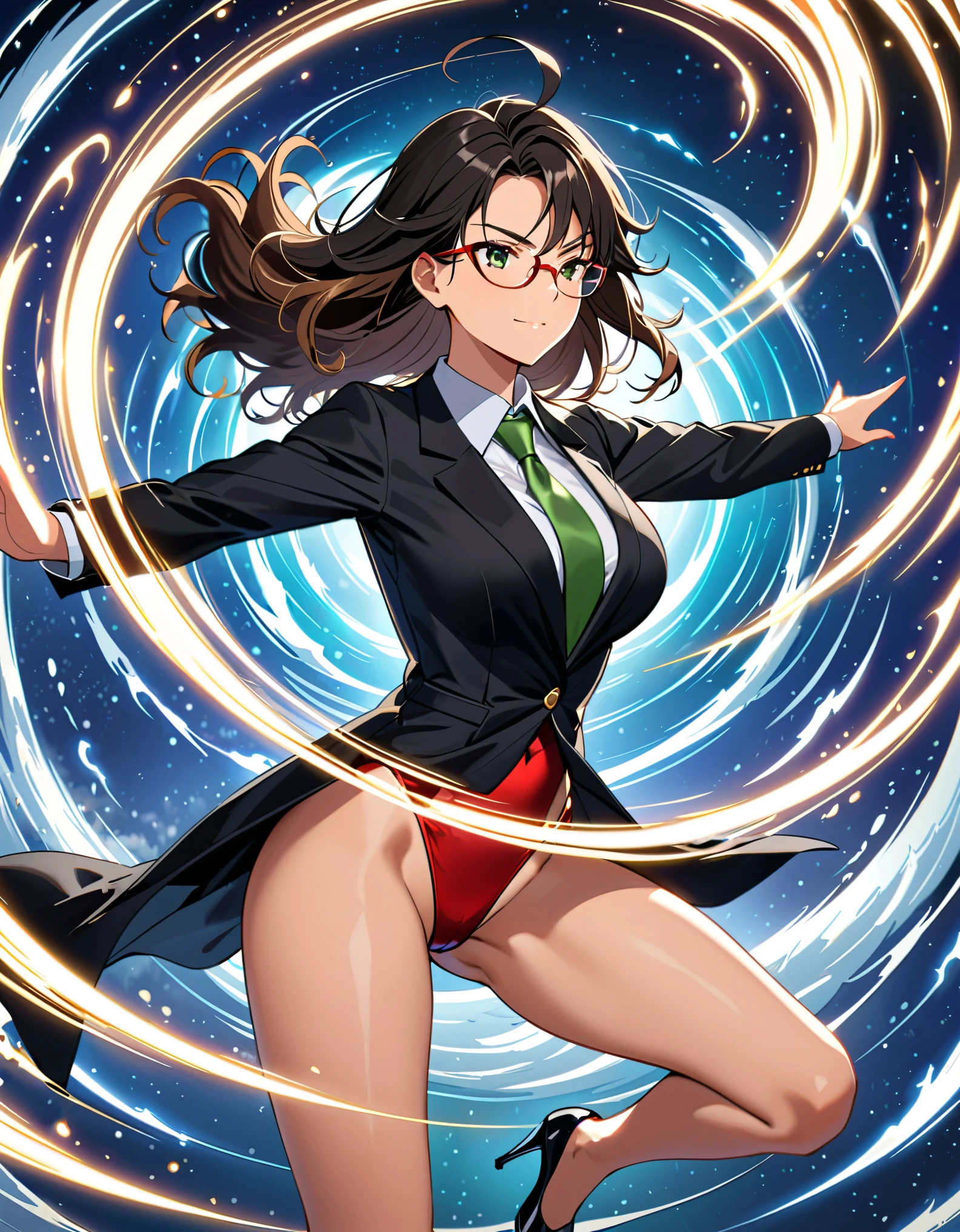 (masterpiece), (best quality), (high res), 1lady, tall body, beautiful detailed eyes, beautiful detailed face, (glasses, closed eyes), perfect hands, complete fingers, perfect anatomy, perfect proportions, ((jet black hair with brown accents, hair down)), ahoge, ((black suit jacket, green necktie, reporter's id card)), (white shirt), ((red leotard)), ((bare legs)), ((shoes, matching shoes, high heels)), breasts, medium breasts, (full body portrait), solo, solo focus, cowboy shot, outer space backdrop, full body costume design. (serious). (raised arms, fast spin, spins fast in place like a tornado, whirls fast in place like a tornado, tornado whirling, spiral lines around her, speed lines around her, spinning energy pulse around her, storm winds around her, whirls into a tornado, she whirls at super speeds). Curved Sword Slash. she super-spins